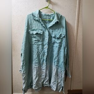 A Rare Bird Button Up Frayed Shirt OS Distressed Look Linen Blend Oversized Boho